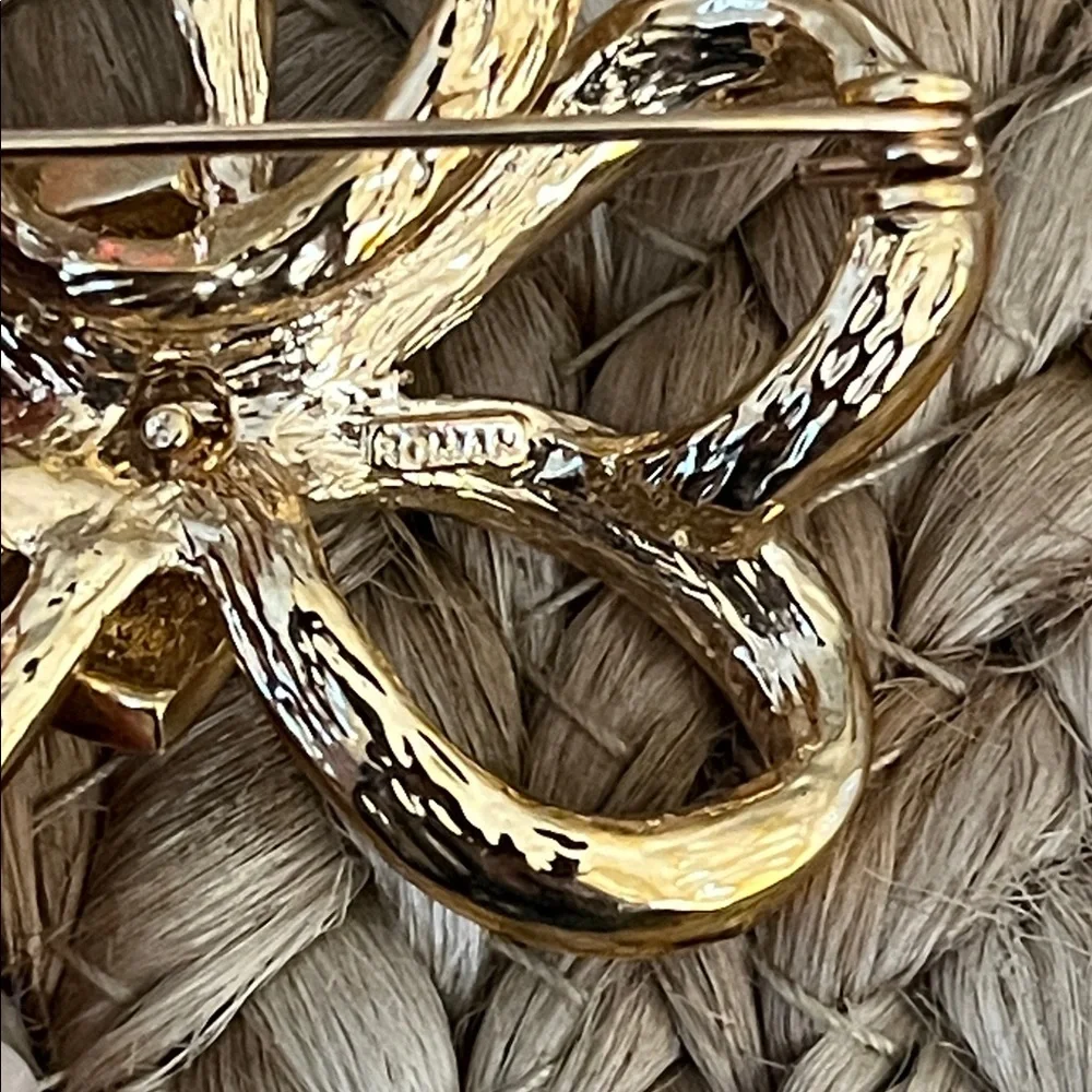 Vintage Roman‎ Gold Tone and Red Enamel Bow Brooch with Rhinestones